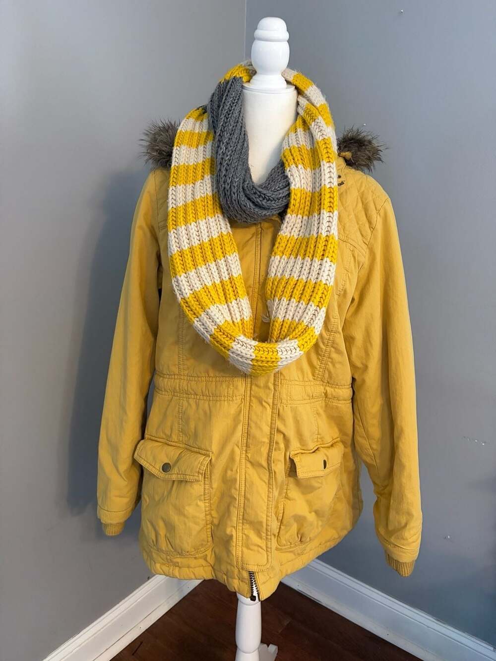 Mossimo Supply Co. Mustard Yellow Hooded Utility Anorak Jacket with Faux Fur Tri